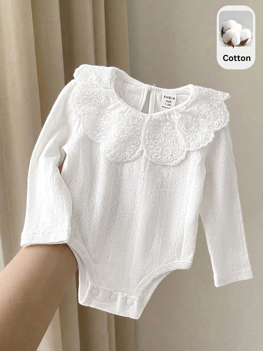 SHEIN Newborn Baby Solid Color Casual Daily Long Sleeve Romper - White - View 1