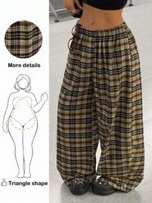 Nubod Plus Size American Vintage Brown Plaid Elastic Waist Wide Leg Casual Long Pants, Plus Size Pants - Multicolor - View 1