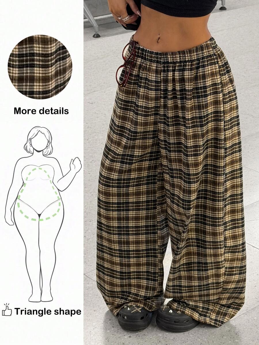 Nubod Plus Size American Vintage Brown Plaid Elastic Waist Wide Leg Casual Long Pants, Plus Size Pants - Multicolor - View 1