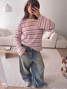 SHEIN EZwear 海外長袖粉色條紋襯衫，秋季上衣，適合日常通勤、聚會、秋冬/夏季、聖誕節、新年、感恩節、派對、婚禮、海灘、畢業典禮、優雅、外出、約會、通勤、情人節、優雅、度假、Y2K、畢業典禮等場合 - 彩色 - 查看 6