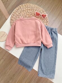 Girls' Pink Heart Pattern Sweatshirt And Denim Jeans Casual Set - Pink - View 2