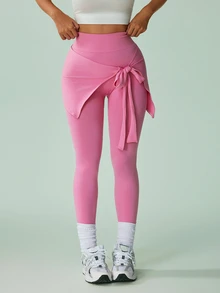 SHEIN Sovereign Charm Women's Solid Color Side Waist Twist Detail Athletic Leggings - Pink - View 3