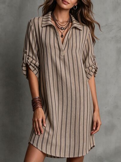 Ceyna Early Autumn Coffee Color Vertical Striped Collared Shirt Dress, V-Neck Half-Button Design, Adjustable Rolled Sleeves, Loose Straight Mid-Length Fit, Lightweight Fabric, Minimalist Casual Lazy Style, Versatile For Daily Commute, Weekend Outings And Shopping