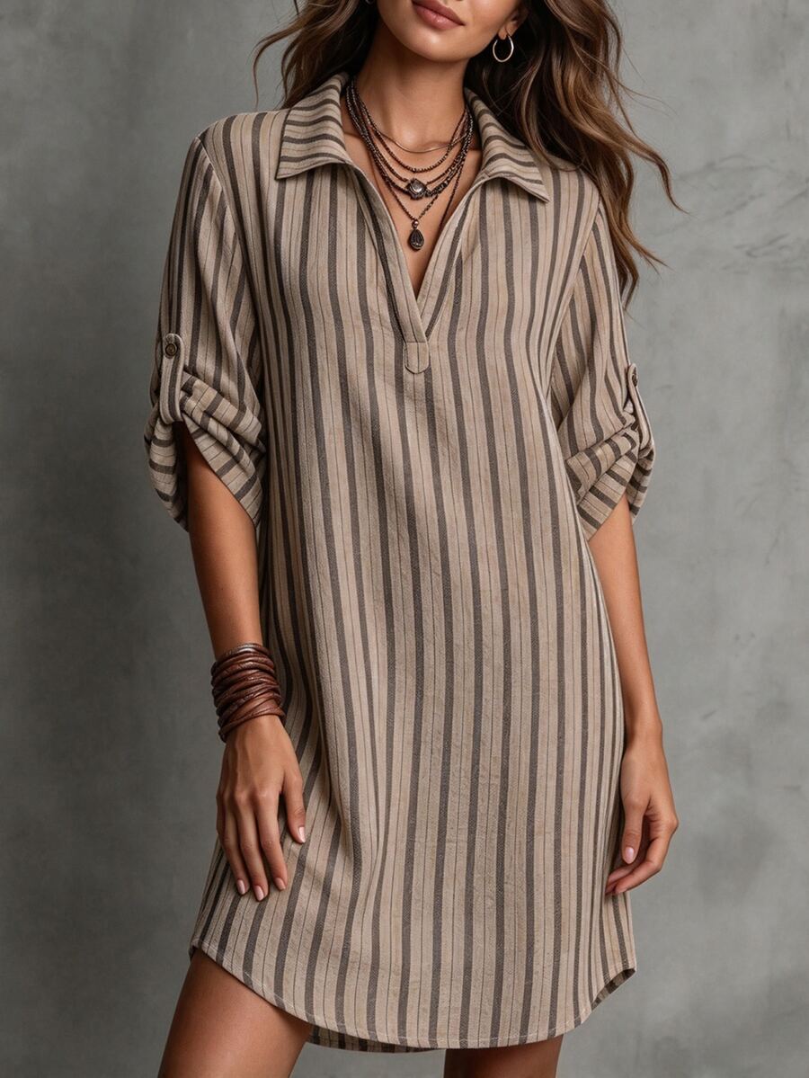 Ceyna Early Autumn Coffee Color Vertical Striped Collared Shirt Dress, V-Neck Half-Button Design, Adjustable Rolled Sleeves, Loose Straight Mid-Length Fit, Lightweight Fabric, Minimalist Casual Lazy Style, Versatile For Daily Commute, Weekend Outings And Shopping - Khaki - View 1