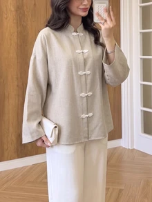 Lacomfia Plus Size Loose Fit Two-Tone Plain Fabric Shirt With Front Button Design, Casual, Suitable For Spring And Autumn Daily Wear - Apricot - View 5