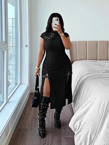 Jeanoix Plus Size Women's Casual Daily Summer Denim Dress With Button And Slit Design - Black - View 1
