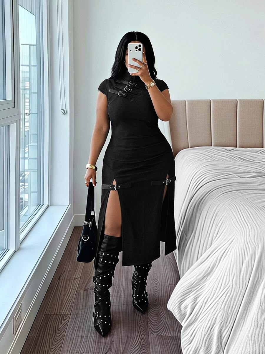Jeanoix Plus Size Women's Casual Daily Summer Denim Dress With Button And Slit Design - Black - View 1