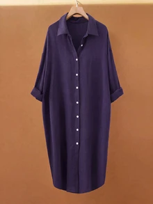 Linhara 女款大尺碼純色襯衫洋裝，極簡翻領單排扣長版不對稱下擺，百搭通勤休閒寬鬆襯衫，日常秋冬款 - 紫色 - 查看 3