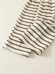 2pcs Baby Girl Textured Striped Knit Soft Crew Neck Long Sleeve Drop Shoulder Pullover Sweatshirt Elastic Waist Long Pants Autumn/Winter Two Pieces Set - Multicolor - View 11
