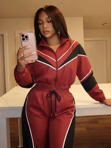 Slaydiva Women's Wine Red Black Color Block Piping Cropped Jacket Long Sleeve Zip Up Collar High Waist Wide Leg Pants Two Pieces Set Casual - Multicolor - View 4