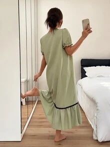 Napfluff Asian Style Cute Women's Nightgown, Woven Bubble Crepe Lace V-Neck Patchwork, Contrast Color Bow Puff Short Sleeve Long Hem Ruffle Loose Home Sleep Dress - Green - View 2