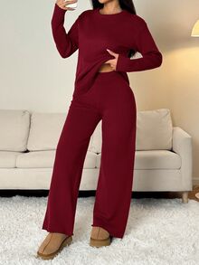 SHEIN PETITE 女款純色圓領長袖毛衣搭配長褲休閒正裝套裝，秋冬款 - 酒紅色 - 查看 14