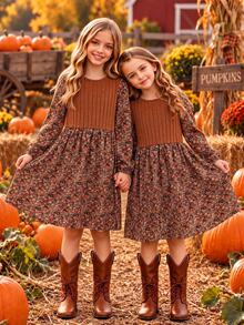 SHEIN Đầm hoa kiểu áo len giả cho bé gái tween, phong cách vintage với mảng gân, tay dài, cổ tròn, eo cao, dáng xòe rủ, trang phục mùa thu đông - màu nâu - Xem 6