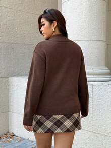 Easura Sweater Lengan Panjang Kasual Harian Wanita Ukuran Plus dengan Motif Blok Warna - Coffee Brown - View 2