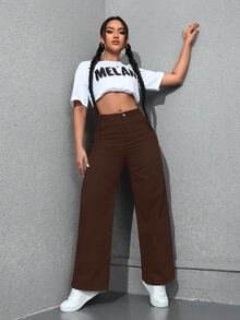 SHEIN Unity 大尺碼牛仔女郎套裝 黑色無彈力修身直筒牛仔褲 春季女裝 - 咖啡棕 - 查看 5
