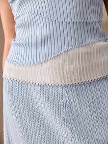 Anewsta 女款拼接網紗透視時尚優雅針織上衣 - 淺藍色 - 查看 3