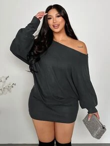 Firerie Plus Size Women's Solid Color Oblique Shoulder Long Sleeve Ribbed Fashionable Dress Spring Fall - Dark Grey - View 1