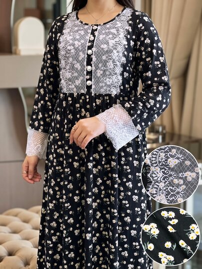 Lacomfia Plus Size Women's Knit Ribbed Ditsy Floral Lace Trim Cuff & Chest Long Sleeve Loose Fit Round Neck Floral Dress, Suitable For Casual Daily Wear