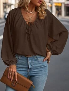 SHEIN Clasi قميص نسائي مقاس كبير بلون موحد كاجوال متعدد الاستخدامات للارتداء اليومي - شوكولاته بني - مشاهدة 3