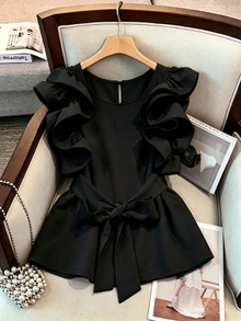 GlowEve CURVE Plus Size Women's Solid Color Round Neck Patchwork Ruffle Waist Tie Elegant Blouse - Black - View 4