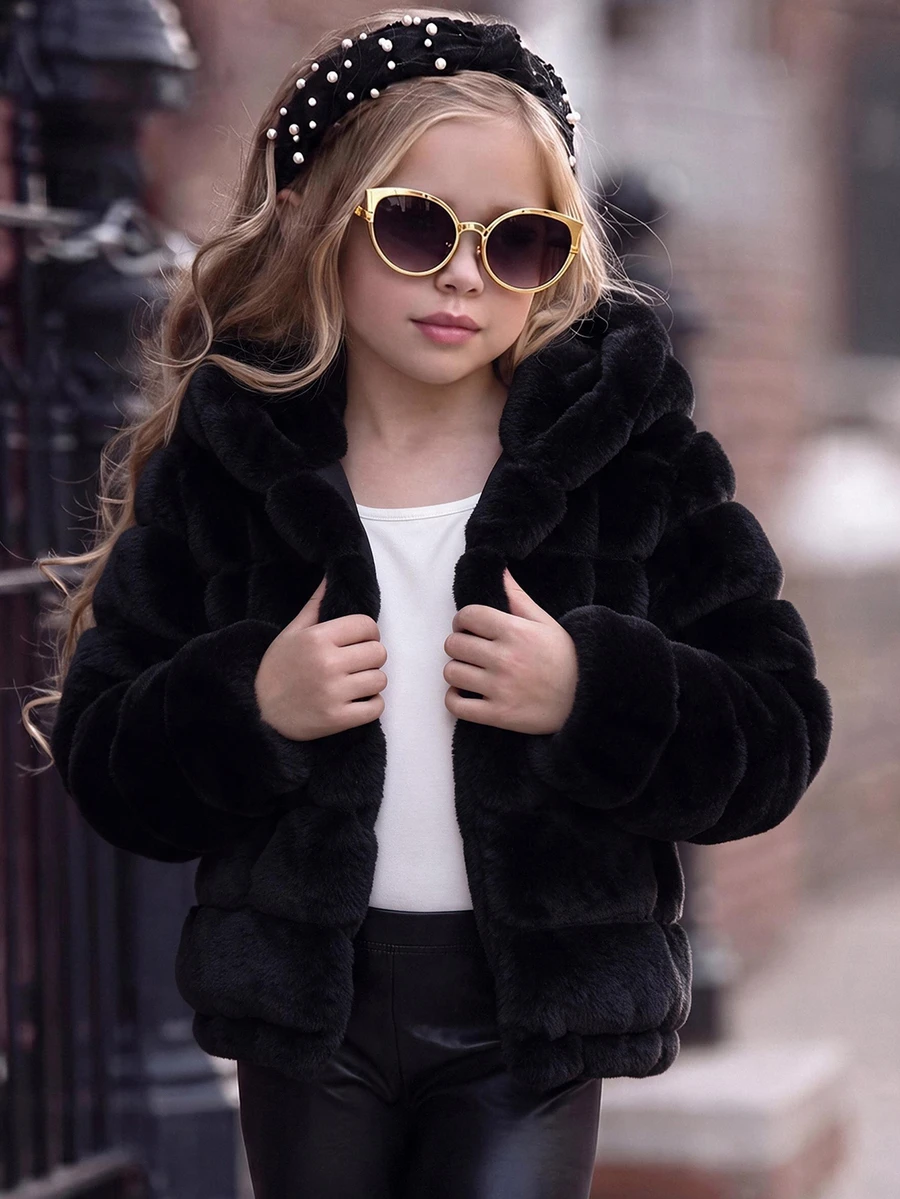 Emery Rose Kids Emery Rose Kids 女童白色人造毛休閒連帽冬季外套 - 黑色 - 查看 1
