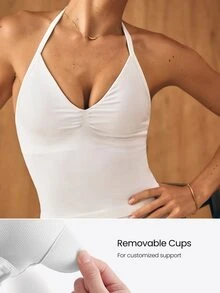 GLOWMODE Ultrafine Soft Seamless Breath Easy Open Back Removable Cups Cinched Bust Halterneck Tank Top Medium Impact Training Running Workout Gym Wear - White - View 3