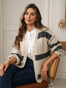 EMERY ROSE Fall Winter Striped V‑Neck Knit Cardigan, Button Front Balloon Sleeve Loose Sweater Jacket - Multicolor - View 9
