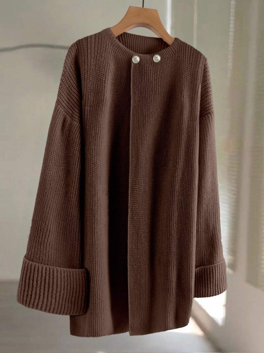 GlowEve CURVE Plus Size Women's Dusty Pink Metal Button Decor Solid Color Knit Cardigan,Autumn Casual Everyday Versatile Sweater For Christmas,Halloween,Office - Coffee Brown - View 1