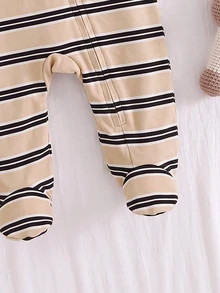 Newborn Baby Striped Knit Cartoon Bear Pattern Loungewear - Khaki - View 6