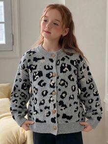 Hapijoa Tween Girl) Leopard Print Contrast Color Open Front Thick Knit Cardigan Sweater, Autumn/Winter - Grey - View 1
