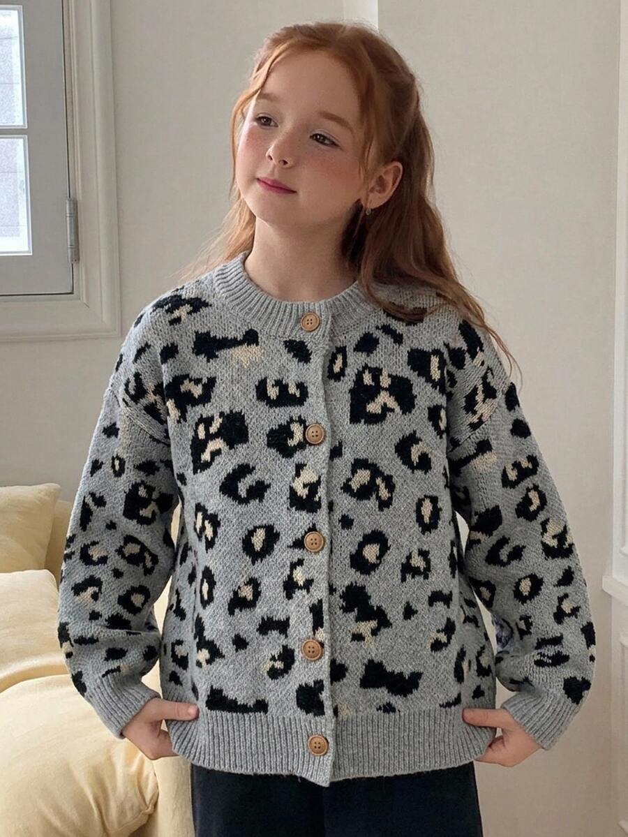 Hapijoa Tween Girl) Leopard Print Contrast Color Open Front Thick Knit Cardigan Sweater, Autumn/Winter - Grey - View 1