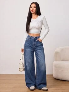 SHEIN PETITE Winter Spring Women's Casual Vacation Washed Vintage Wide Beige Washed Denim Leg Jeans ,Petite Women - Dark Wash - View 8