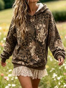 Bytebia Bytebia Women's Leopard Print Floral Pattern Long Sleeve Drawstring Pocket Hooded Sweatshirt - Multicolor - View 4