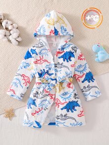 SHEIN Young Boy Autumn/Winter Plush Cartoon Dinosaur Print Pajama Robe - Multicolor - View 1