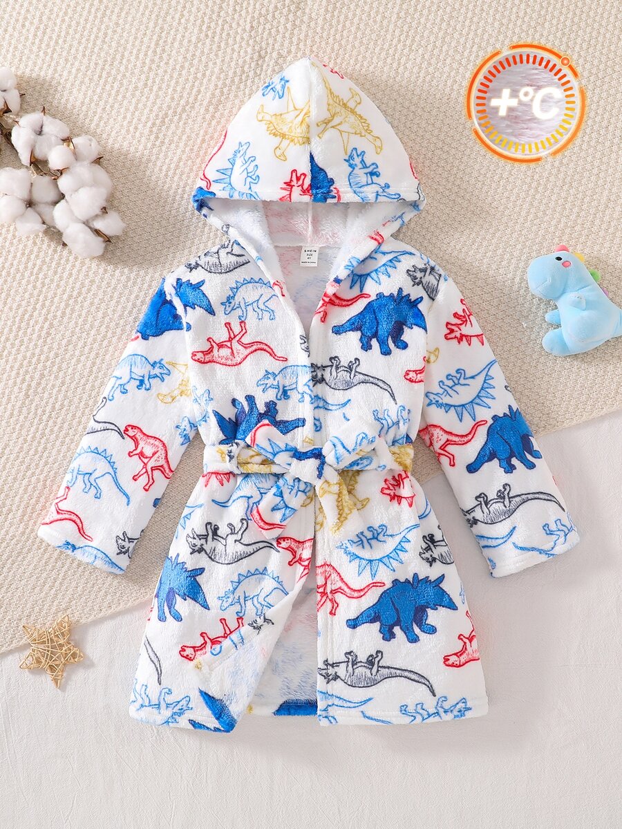 SHEIN Young Boy Autumn/Winter Plush Cartoon Dinosaur Print Pajama Robe - Multicolor - View 1