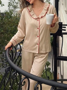 Livesso Women's Contrast Trim Ruffle Collar Single-Breasted Long Sleeve Top & Casual Long Pants Pajama Set - Pink - View 3