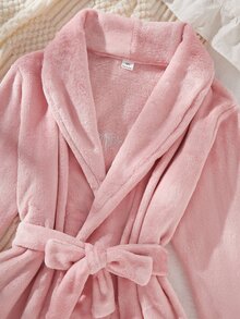 SHEIN 秋冬女款居家長袖睡袍，加厚法蘭絨，粉色調，背面愛心刺繡，優雅甜美，適合假期居家穿著 - 粉色 - 查看 7