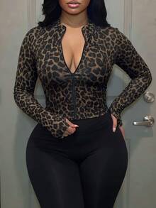 Slaydiva 2026 Autumn New Plus Size Y2K Leopard Print Front Zipper Slim Fit Long Sleeve T-Shirt Suitable For Spring And Autumn - White - View 4