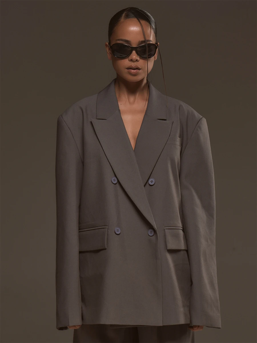 MUSERA Grey Oversized Baggy Long Blazer Fall Autumn Winter Cool Style Outfits - Grey - View 1