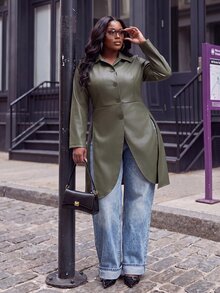 Slaydiva Blazer Panjang Kulit Imitasi Ukuran Besar, Jaket Slim Fit Kancing Tunggal - Hijau Army - Hijau - View 2