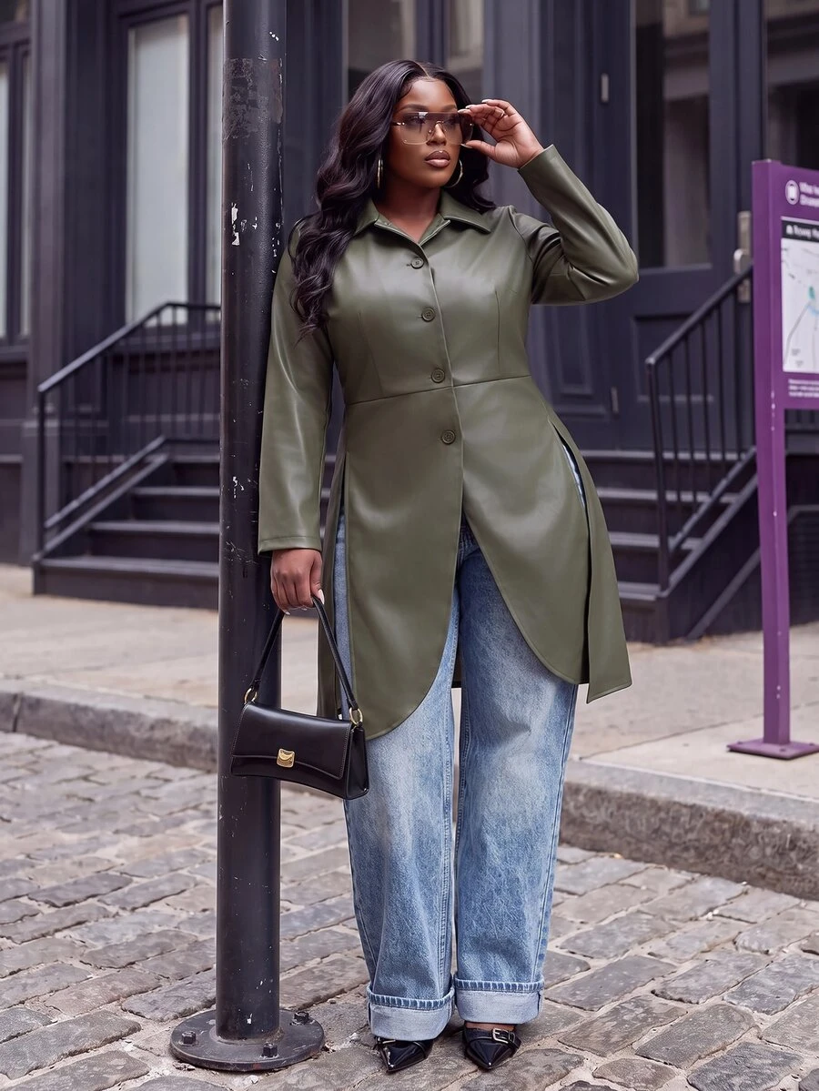 Slaydiva Blazer Panjang Kulit Imitasi Ukuran Besar, Jaket Slim Fit Kancing Tunggal - Hijau Army