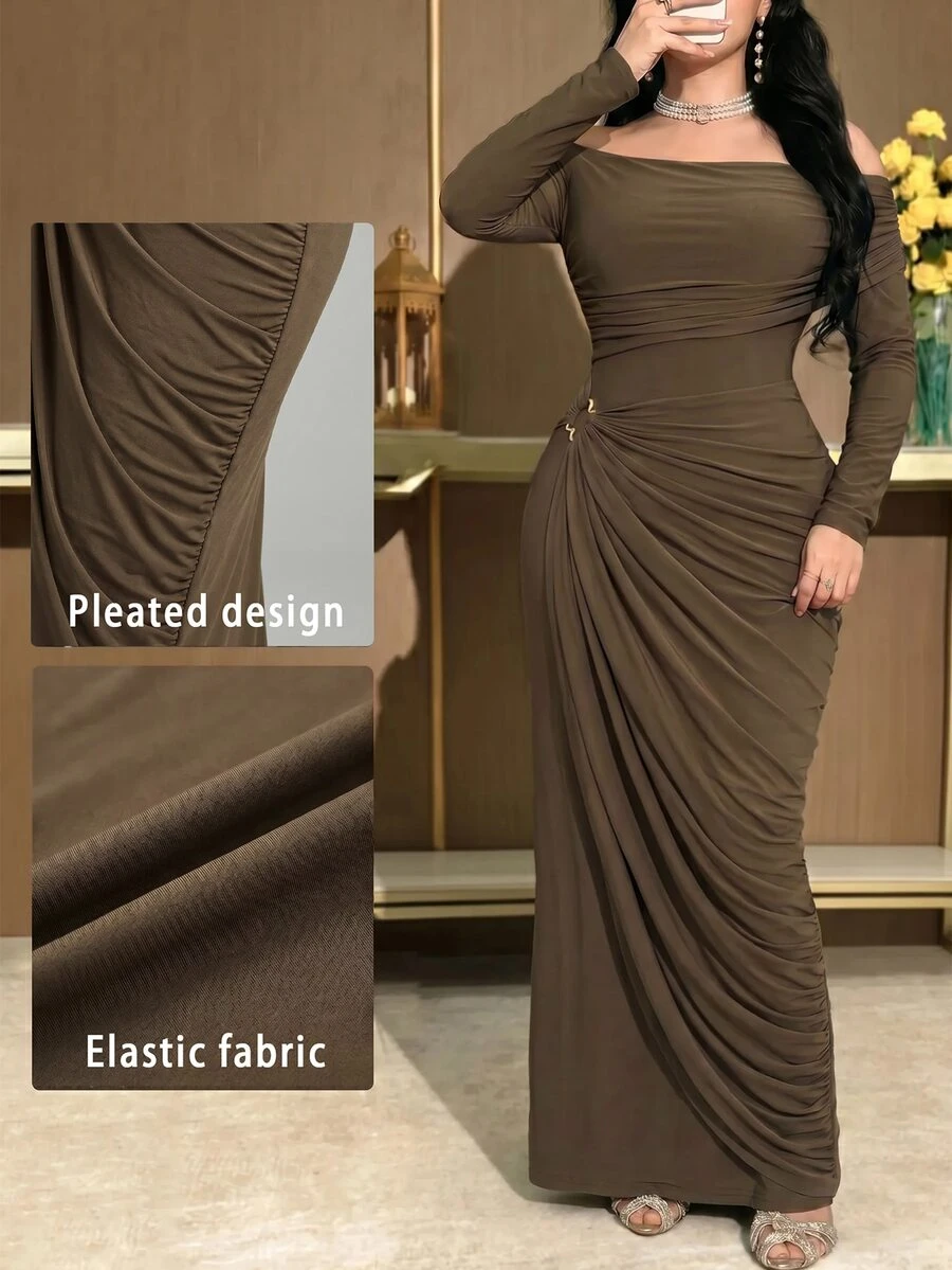 Modelyn Plus Size Women's Solid Color Off-Shoulder Ruched Elegant Waist-Cinching Party Dress - Brown - View 1