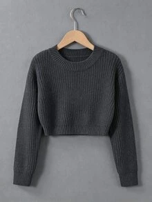 SHEIN كنزة صوفية طويلة الأكمام بلون موحد وياقة دائرية كاجوال متعددة الاستخدامات للارتداء اليومي للفتيات المراهقات في فصل الخريف - رمادي غامق - مشاهدة 7