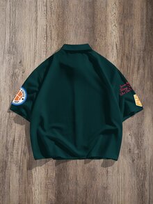 OldRiff 男士字母印花休閒短袖襯衫，適合日常穿著 - 墨綠色 - 查看 2