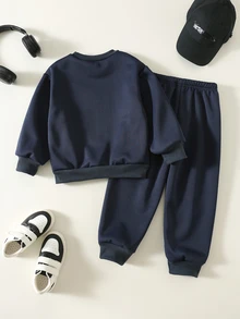SHEIN 幼童男孩字母印花長袖運動衫與慢跑褲套裝，開學首日，兒童婚禮賓客，Glamorique Kids，生日男孩 - 藏蓝色 - 查看 2