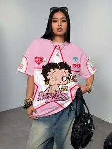 Betty Boop x SHEIN 大尺碼女款星星與字母印花圓領短袖休閒T恤 - 白色 - 查看 7
