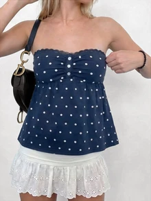IslaSuriya Women's Polka Dot Casual Versatile Daily Wear Tube Top - Navy Blue - View 7