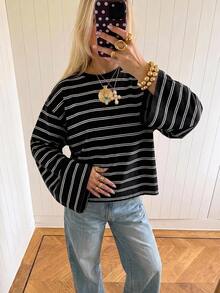 SHEIN EZwear Women's Minimalist Striped Colorblock Long Sleeve T-Shirt - Black - View 5