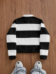 SWAVVY 男士拼色條紋時尚休閒鞋與 Polo 衫 - 黑與白 - 查看 2