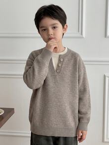 Dazy Kids Tween Boys Autumn/Winter 2 In 1 Drop Shoulder Sweater - Khaki - View 2
